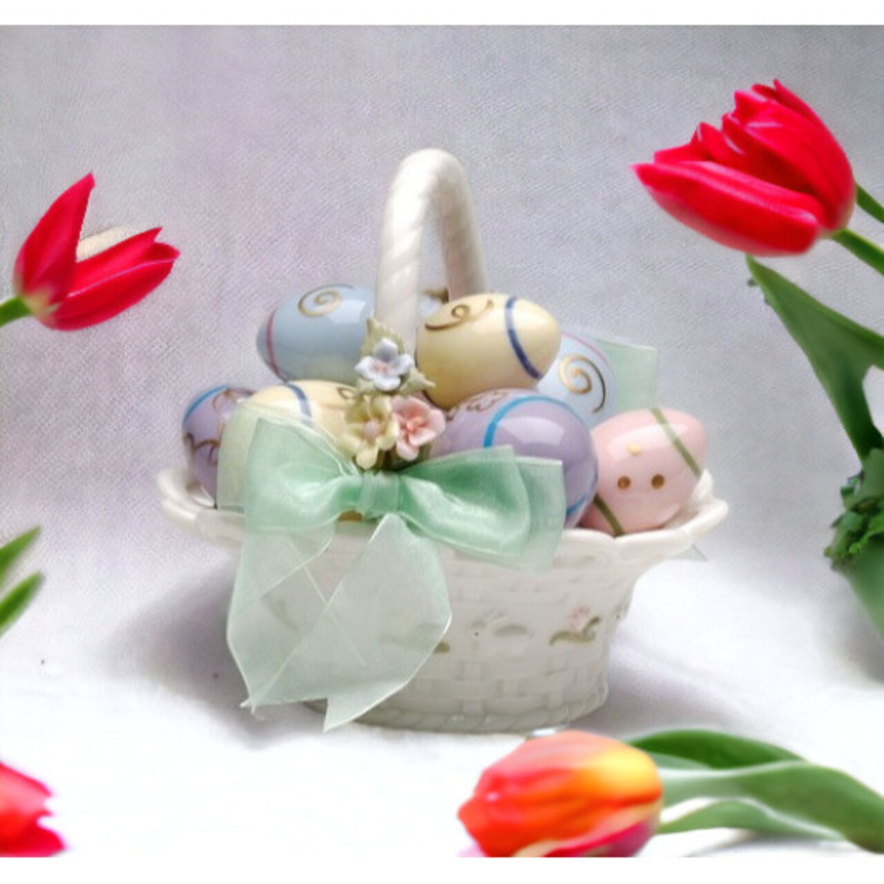Hand Crafted Ceramic Easter Egg Basket Music Box Home Décor Interior Accessories